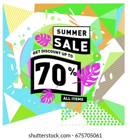 Summer sale geometric style web banner. Fashion and travel discount. Vector holiday Abstract colorful illustration with special offers and promotions.