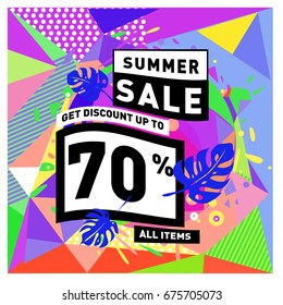 Summer sale geometric style web banner. Fashion and travel discount. Vector holiday Abstract colorful illustration with special offers and promotions.
