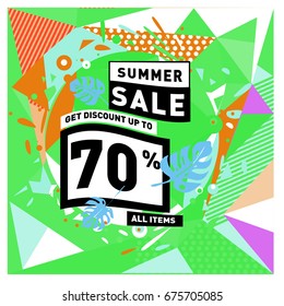 Summer sale geometric style web banner. Fashion and travel discount. Vector holiday Abstract colorful illustration with special offers and promotions.