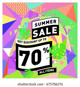 Summer sale geometric style web banner. Fashion and travel discount. Vector holiday Abstract colorful illustration with special offers and promotions.