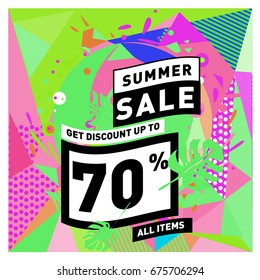 Summer sale geometric style web banner. Fashion and travel discount. Vector holiday Abstract colorful illustration with special offers and promotions.