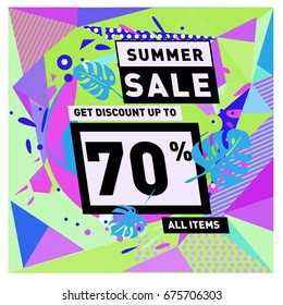 Summer sale geometric style web banner. Fashion and travel discount. Vector holiday Abstract colorful illustration with special offers and promotions.