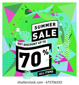 Summer sale geometric style web banner. Fashion and travel discount. Vector holiday Abstract colorful illustration with special offers and promotions.