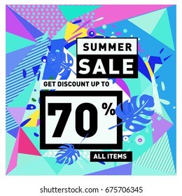 Summer sale geometric style web banner. Fashion and travel discount. Vector holiday Abstract colorful illustration with special offers and promotions.