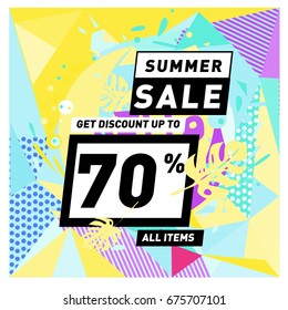 Summer sale geometric style web banner. Fashion and travel discount. Vector holiday Abstract colorful illustration with special offers and promotions.