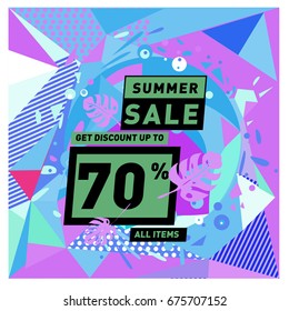 Summer sale geometric style web banner. Fashion and travel discount. Vector holiday Abstract colorful illustration with special offers and promotions.