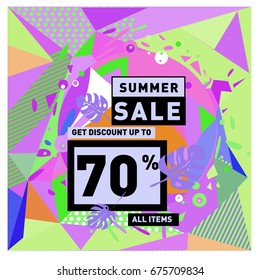 Summer sale geometric style web banner. Fashion and travel discount. Vector holiday Abstract colorful illustration with special offers and promotions.