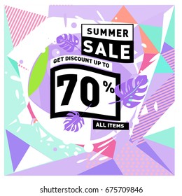 Summer sale geometric style web banner. Fashion and travel discount. Vector holiday Abstract colorful illustration with special offers and promotions.