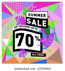 Summer sale geometric style web banner. Fashion and travel discount. Vector holiday Abstract colorful illustration with special offers and promotions.