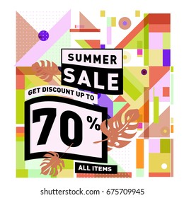 Summer sale geometric style web banner. Fashion and travel discount. Vector holiday Abstract colorful illustration with special offers and promotions.