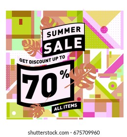Summer sale geometric style web banner. Fashion and travel discount. Vector holiday Abstract colorful illustration with special offers and promotions.