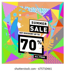 Summer sale geometric style web banner. Fashion and travel discount. Vector holiday Abstract colorful illustration with special offers and promotions.