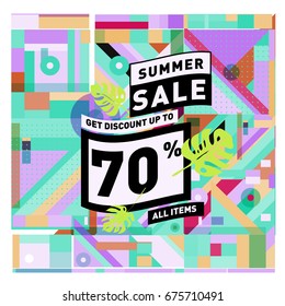 Summer sale geometric style web banner. Fashion and travel discount. Vector holiday Abstract colorful illustration with special offers and promotions.