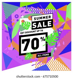 Summer sale geometric style web banner. Fashion and travel discount. Vector holiday Abstract colorful illustration with special offers and promotions.