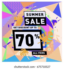 Summer sale geometric style web banner. Fashion and travel discount. Vector holiday Abstract colorful illustration with special offers and promotions.