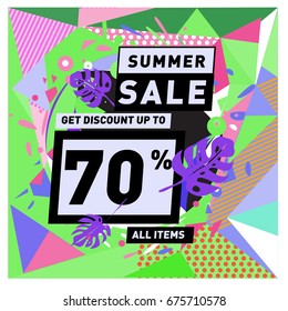 Summer sale geometric style web banner. Fashion and travel discount. Vector holiday Abstract colorful illustration with special offers and promotions.