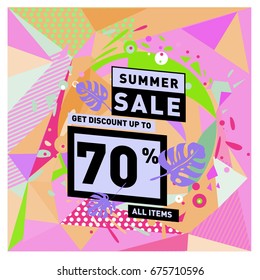 Summer sale geometric style web banner. Fashion and travel discount. Vector holiday Abstract colorful illustration with special offers and promotions.