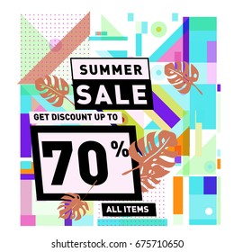 Summer sale geometric style web banner. Fashion and travel discount. Vector holiday Abstract colorful illustration with special offers and promotions.