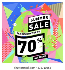Summer sale geometric style web banner. Fashion and travel discount. Vector holiday Abstract colorful illustration with special offers and promotions.