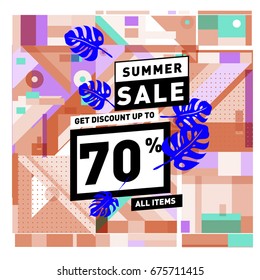 Summer sale geometric style web banner. Fashion and travel discount. Vector holiday Abstract colorful illustration with special offers and promotions.