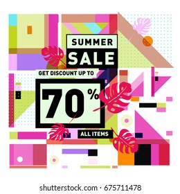 Summer sale geometric style web banner. Fashion and travel discount. Vector holiday Abstract colorful illustration with special offers and promotions.