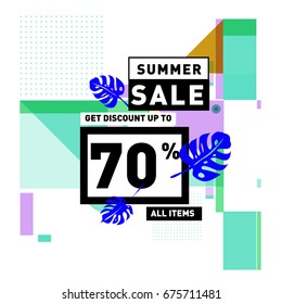 Summer sale geometric style web banner. Fashion and travel discount. Vector holiday Abstract colorful illustration with special offers and promotions.