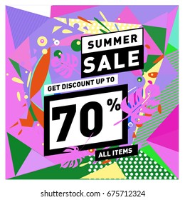 Summer sale geometric style web banner. Fashion and travel discount. Vector holiday Abstract colorful illustration with special offers and promotions.