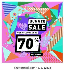 Summer sale geometric style web banner. Fashion and travel discount. Vector holiday Abstract colorful illustration with special offers and promotions.