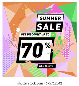 Summer sale geometric style web banner. Fashion and travel discount. Vector holiday Abstract colorful illustration with special offers and promotions.