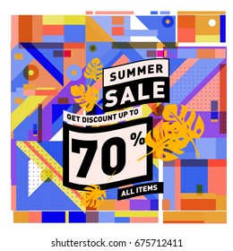 Summer sale geometric style web banner. Fashion and travel discount. Vector holiday Abstract colorful illustration with special offers and promotions.