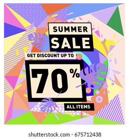 Summer sale geometric style web banner. Fashion and travel discount. Vector holiday Abstract colorful illustration with special offers and promotions.