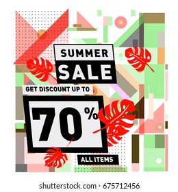 Summer sale geometric style web banner. Fashion and travel discount. Vector holiday Abstract colorful illustration with special offers and promotions.