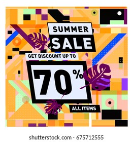 Summer sale geometric style web banner. Fashion and travel discount. Vector holiday Abstract colorful illustration with special offers and promotions.