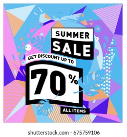 Summer sale geometric style web banner. Fashion and travel discount. Vector holiday Abstract colorful illustration with special offers and promotions.