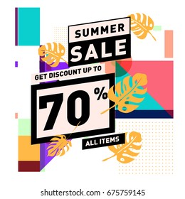 Summer sale geometric style web banner. Fashion and travel discount. Vector holiday Abstract colorful illustration with special offers and promotions.