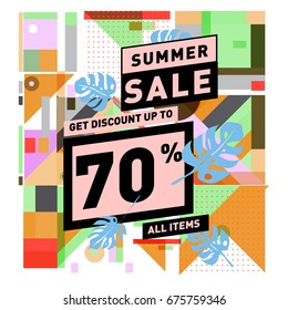 Summer sale geometric style web banner. Fashion and travel discount. Vector holiday Abstract colorful illustration with special offers and promotions.