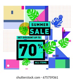 Summer sale geometric style web banner. Fashion and travel discount. Vector holiday Abstract colorful illustration with special offers and promotions.
