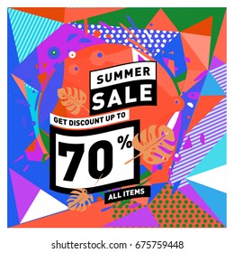 Summer sale geometric style web banner. Fashion and travel discount. Vector holiday Abstract colorful illustration with special offers and promotions.