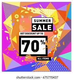 Summer sale geometric style web banner. Fashion and travel discount. Vector holiday Abstract colorful illustration with special offers and promotions.