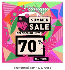 Summer sale geometric style web banner. Fashion and travel discount. Vector holiday Abstract colorful illustration with special offers and promotions.
