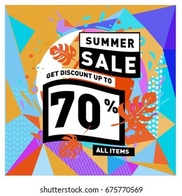 Summer sale geometric style web banner. Fashion and travel discount. Vector holiday Abstract colorful illustration with special offers and promotions.