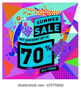 Summer sale geometric style web banner. Fashion and travel discount. Vector holiday Abstract colorful illustration with special offers and promotions.