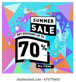 Summer sale geometric style web banner. Fashion and travel discount. Vector holiday Abstract colorful illustration with special offers and promotions.