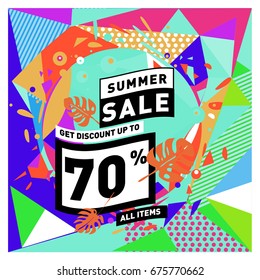 Summer sale geometric style web banner. Fashion and travel discount. Vector holiday Abstract colorful illustration with special offers and promotions.