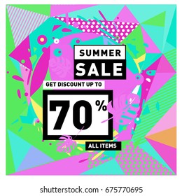 Summer sale geometric style web banner. Fashion and travel discount. Vector holiday Abstract colorful illustration with special offers and promotions.