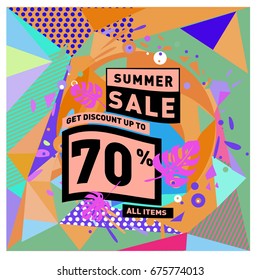 Summer sale geometric style web banner. Fashion and travel discount. Vector holiday Abstract colorful illustration with special offers and promotions.