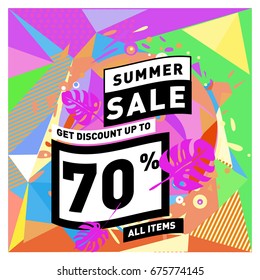 Summer sale geometric style web banner. Fashion and travel discount. Vector holiday Abstract colorful illustration with special offers and promotions.