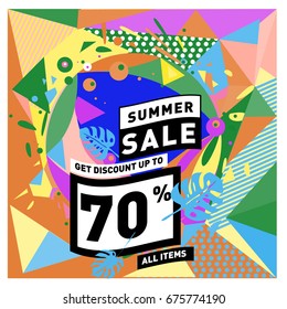 Summer sale geometric style web banner. Fashion and travel discount. Vector holiday Abstract colorful illustration with special offers and promotions.