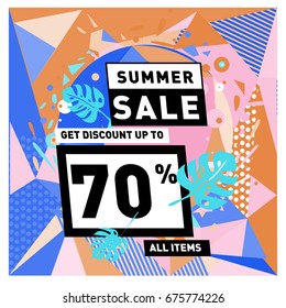 Summer sale geometric style web banner. Fashion and travel discount. Vector holiday Abstract colorful illustration with special offers and promotions.