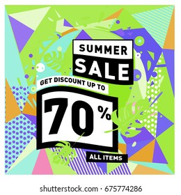 Summer sale geometric style web banner. Fashion and travel discount. Vector holiday Abstract colorful illustration with special offers and promotions.